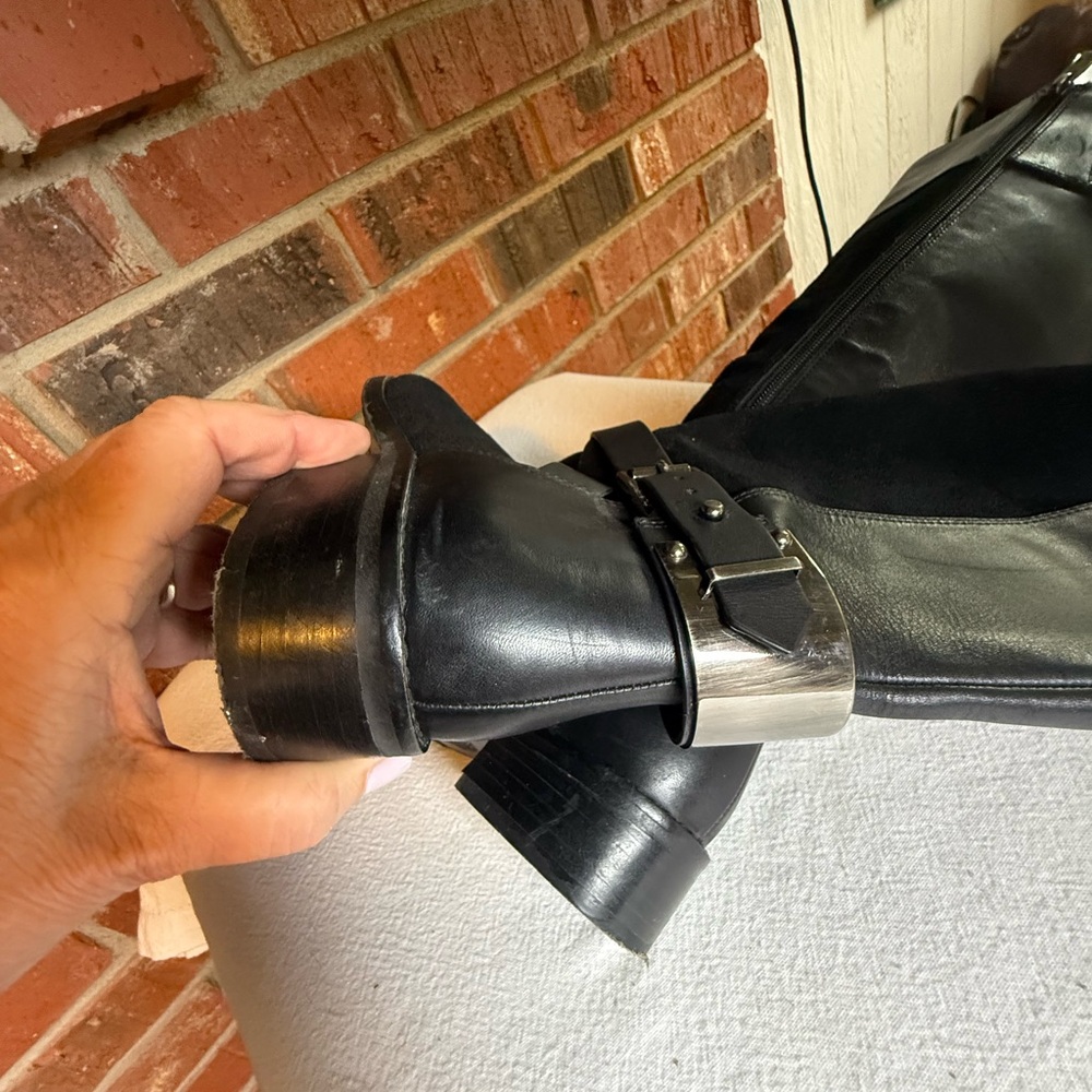 Edgy Vince Camuto Riding Boot Blk Leather & Suede Biker Riding Knee High MOTO - Picture 9 of 13